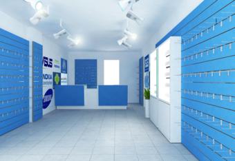 Arredo negozio di telefonia blu